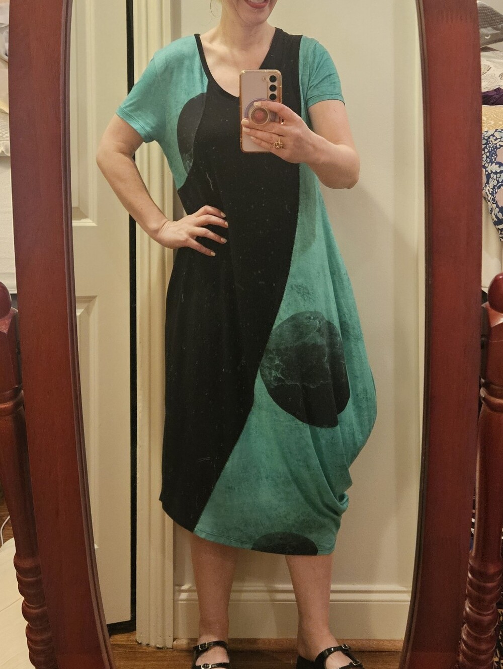 OZAI N KU Teal Black Abstract Cocoon Dress| XS